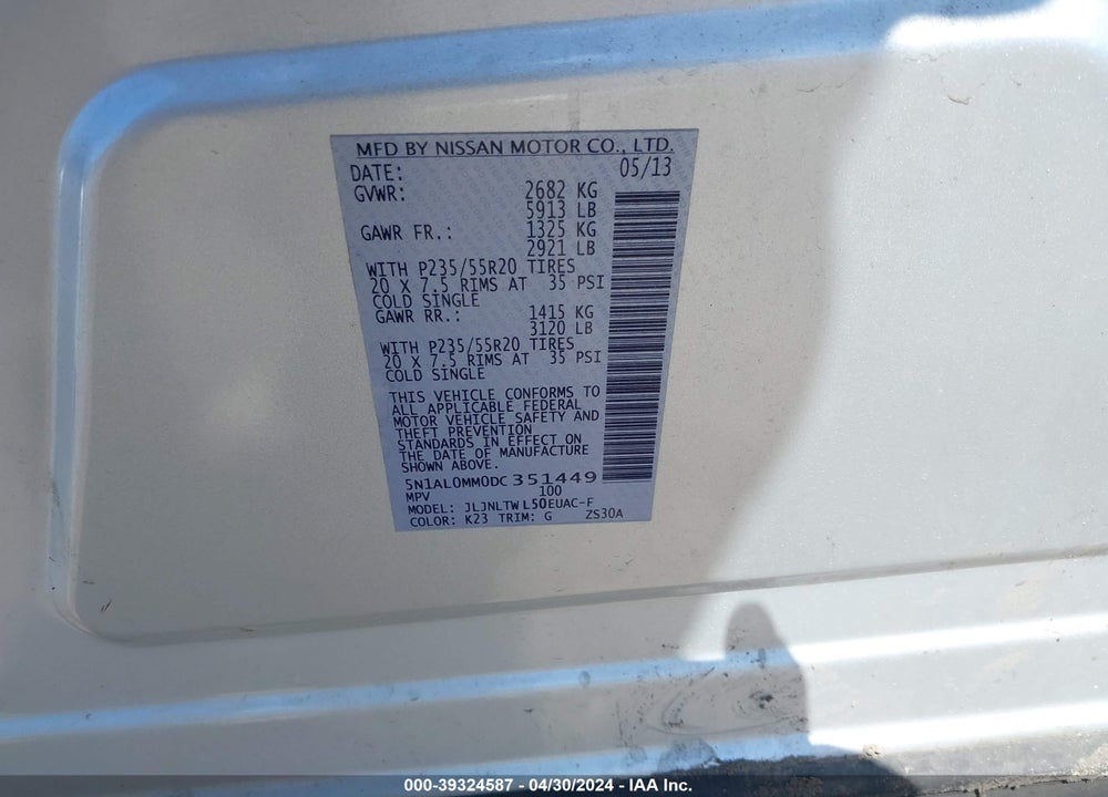 2013 INFINITI JX35 VIN: 5N1AL0MM0DC351449