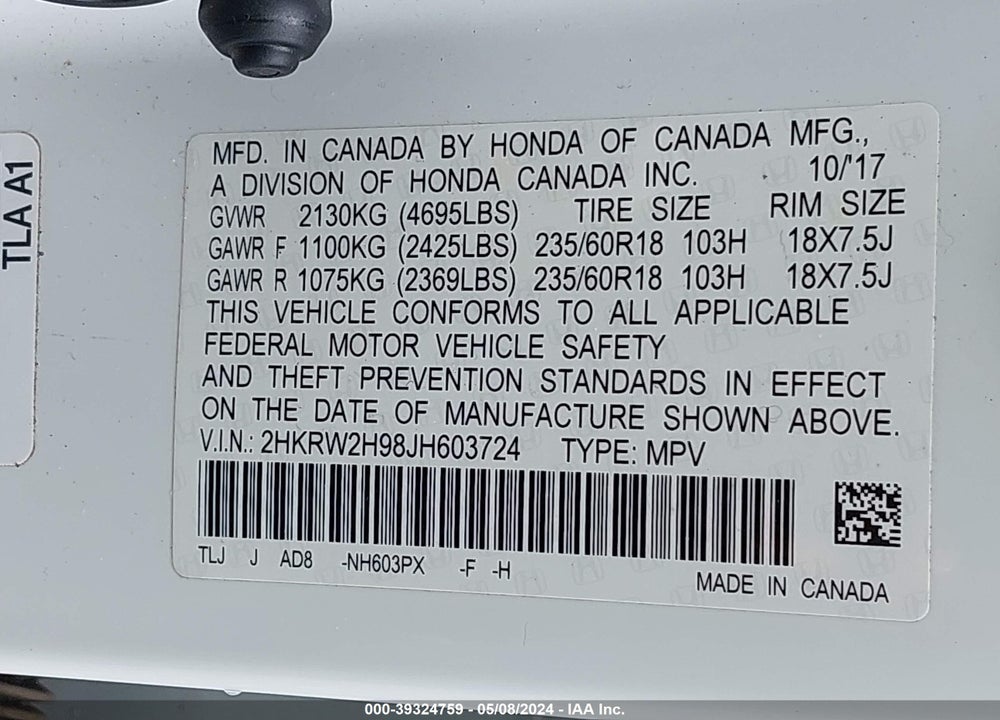 2018 HONDA CR-V TOURING VIN: 2HKRW2H98JH603724