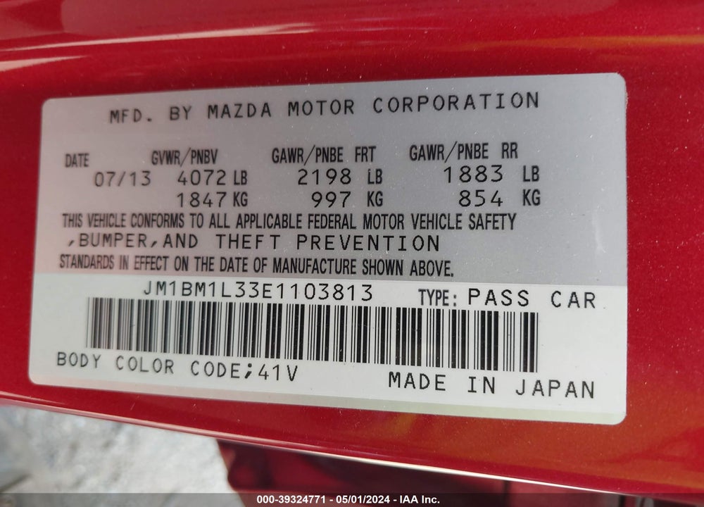 2014 MAZDA 3 S TOURING VIN: JM1BM1L33E1103813