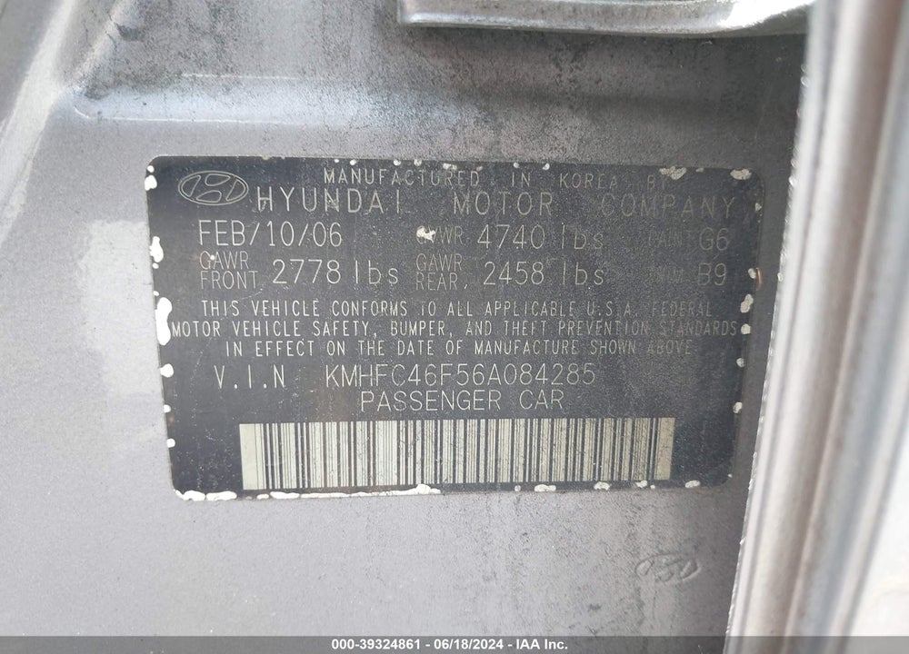 2006 HYUNDAI AZERA LIMITED/SE VIN: KMHFC46F56A084285