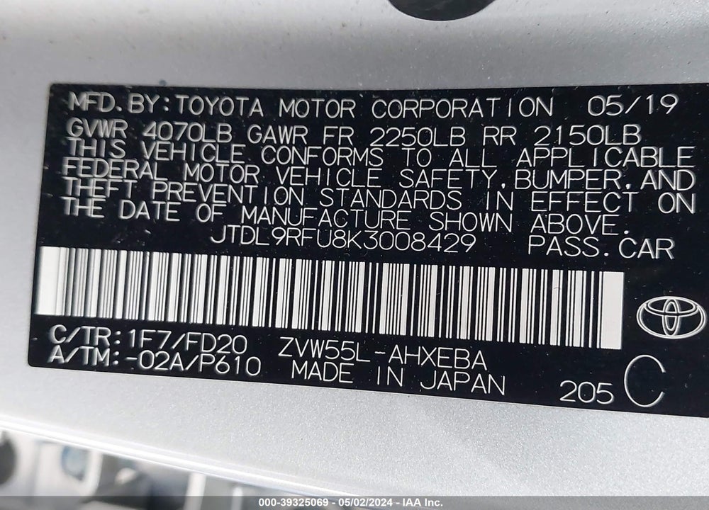 2019 TOYOTA PRIUS LE VIN: JTDL9RFU8K3008429
