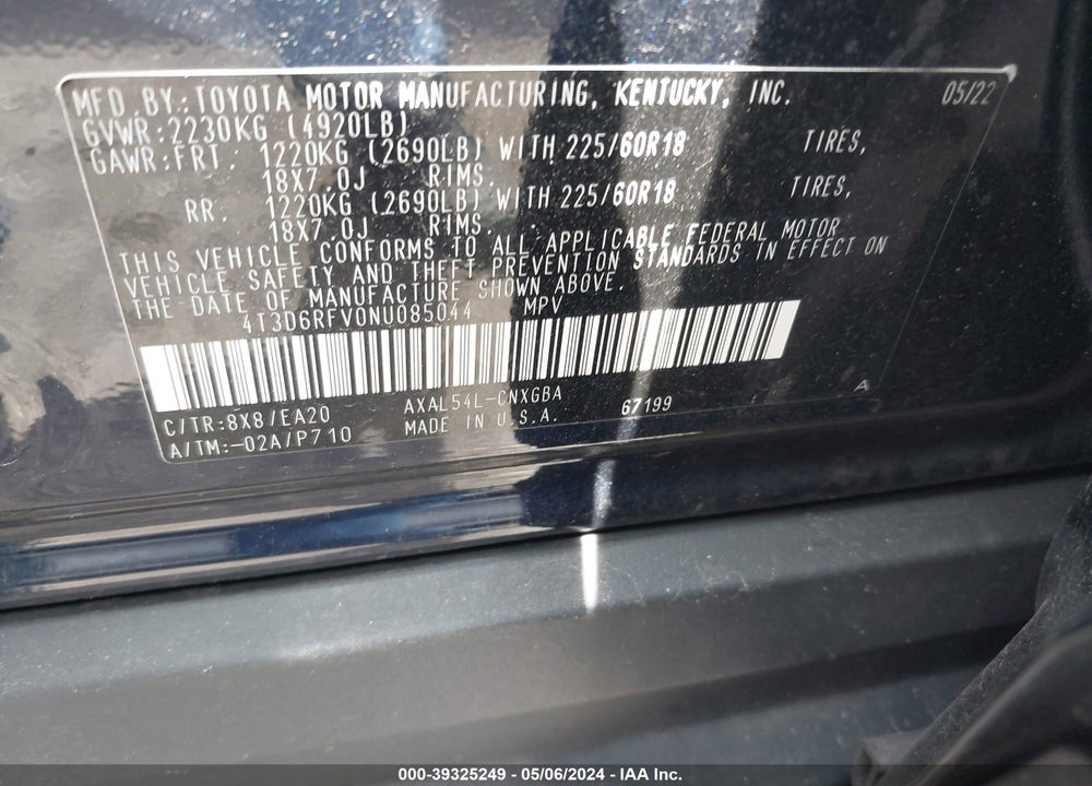 2022 TOYOTA RAV4 LIMITED HYBRID VIN: 4T3D6RFV0NU085044