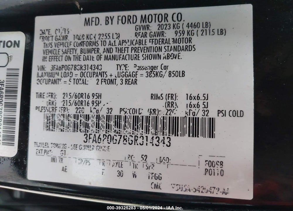 2016 FORD FUSION S VIN: 3FA6P0G78GR314343
