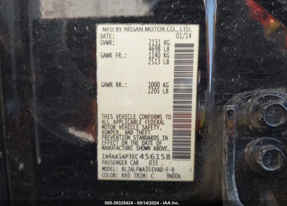 2014 NISSAN MAXIMA VIN: 1N4AA5AP3EC456158