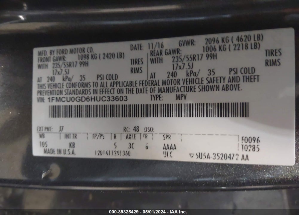 2017 FORD ESCAPE SE VIN: 1FMCU0GD6HUC33603