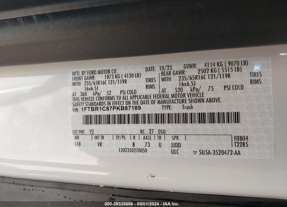 2023 FORD TRANSIT-250 VIN: 1FTBR1C87PKB87189
