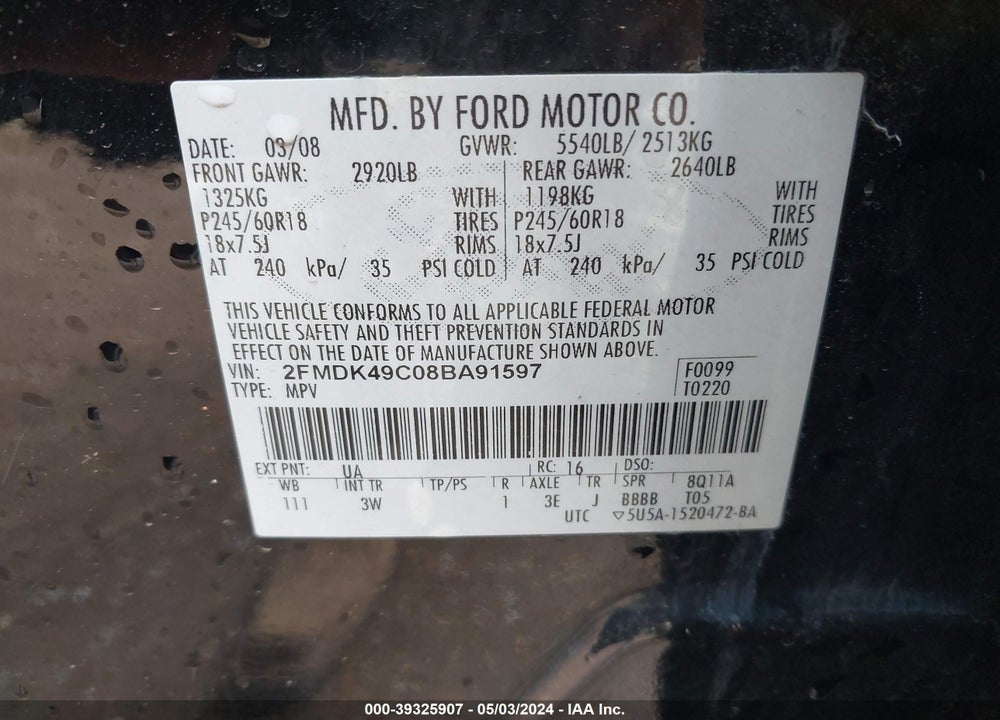 2008 FORD EDGE LIMITED VIN: 2FMDK49C08BA91597