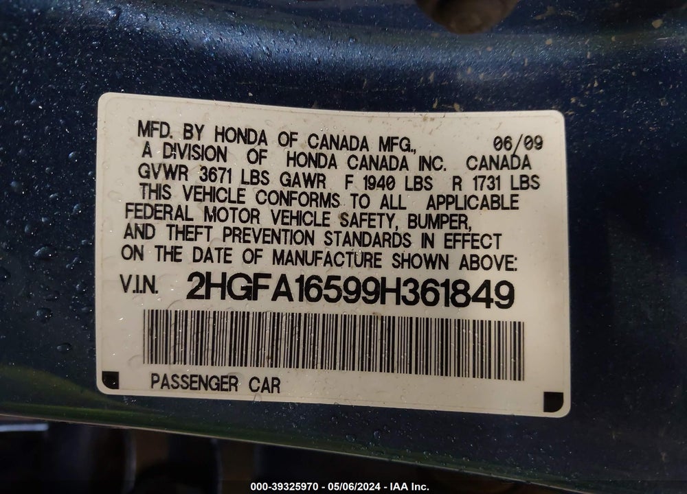 2009 HONDA CIVIC LX VIN: 2HGFA16599H361849