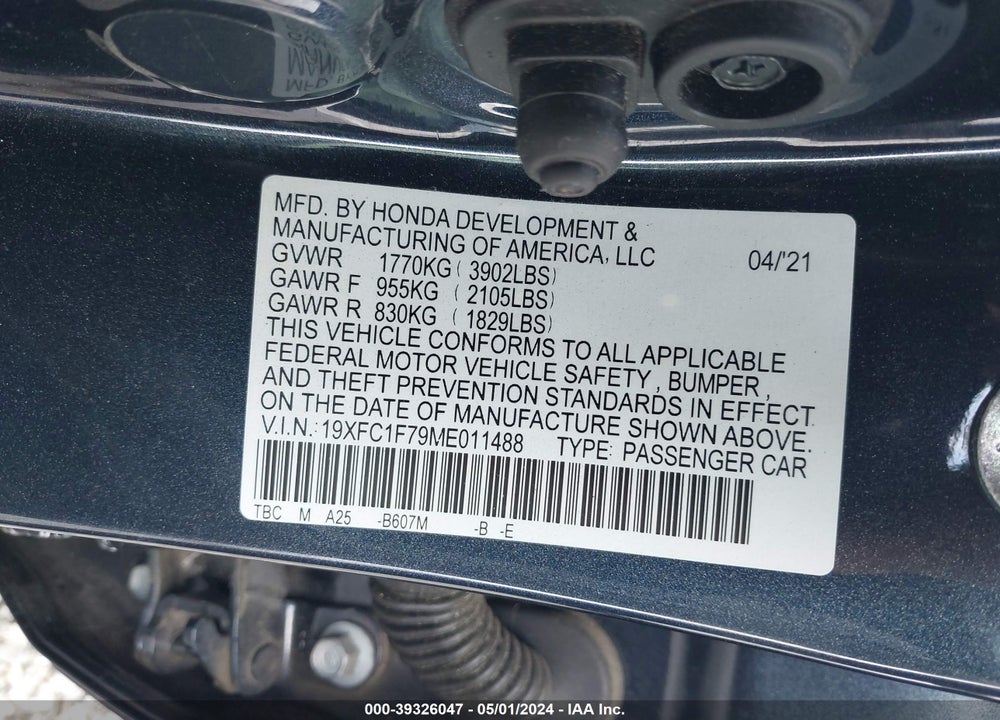 2021 HONDA CIVIC EX-L VIN: 19XFC1F79ME011488