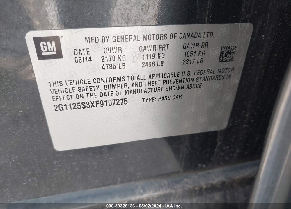 2015 CHEVROLET IMPALA VIN: 2G1125S3XF9107275