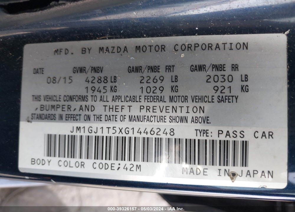 2016 MAZDA 6 I TOURING VIN: JM1GJ1T5XG1446248