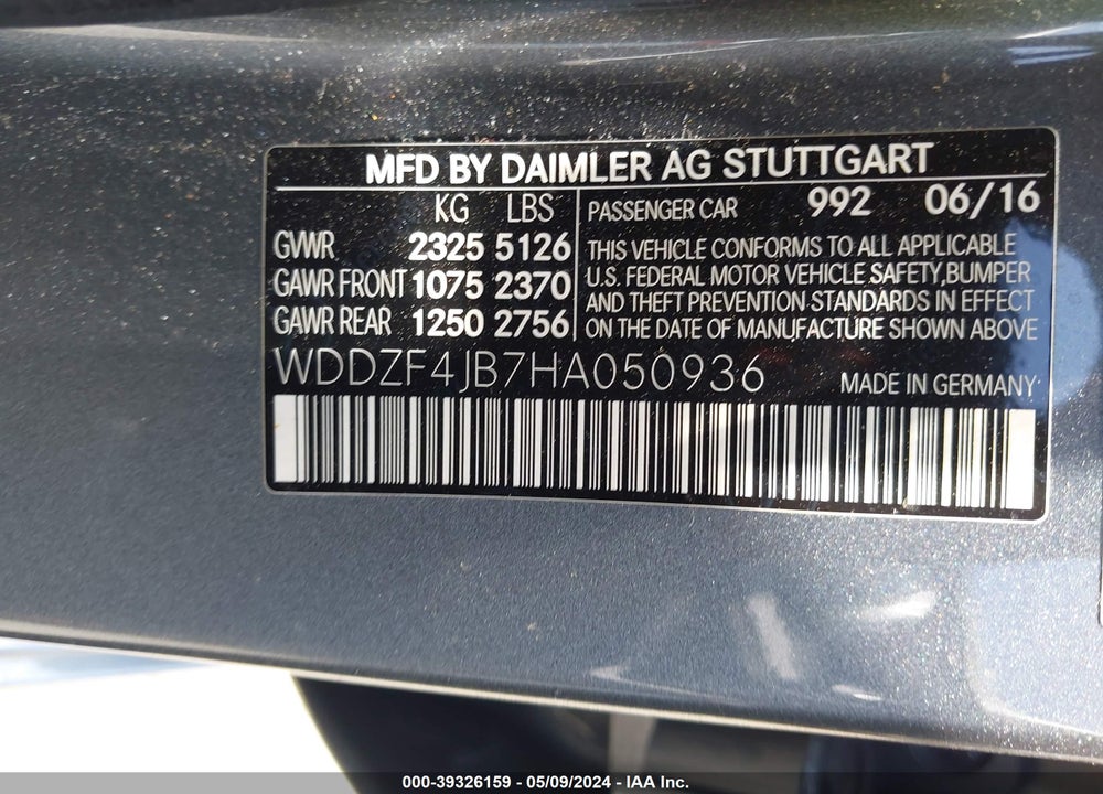 2017 MERCEDES-BENZ E 300 VIN: WDDZF4JB7HA050936