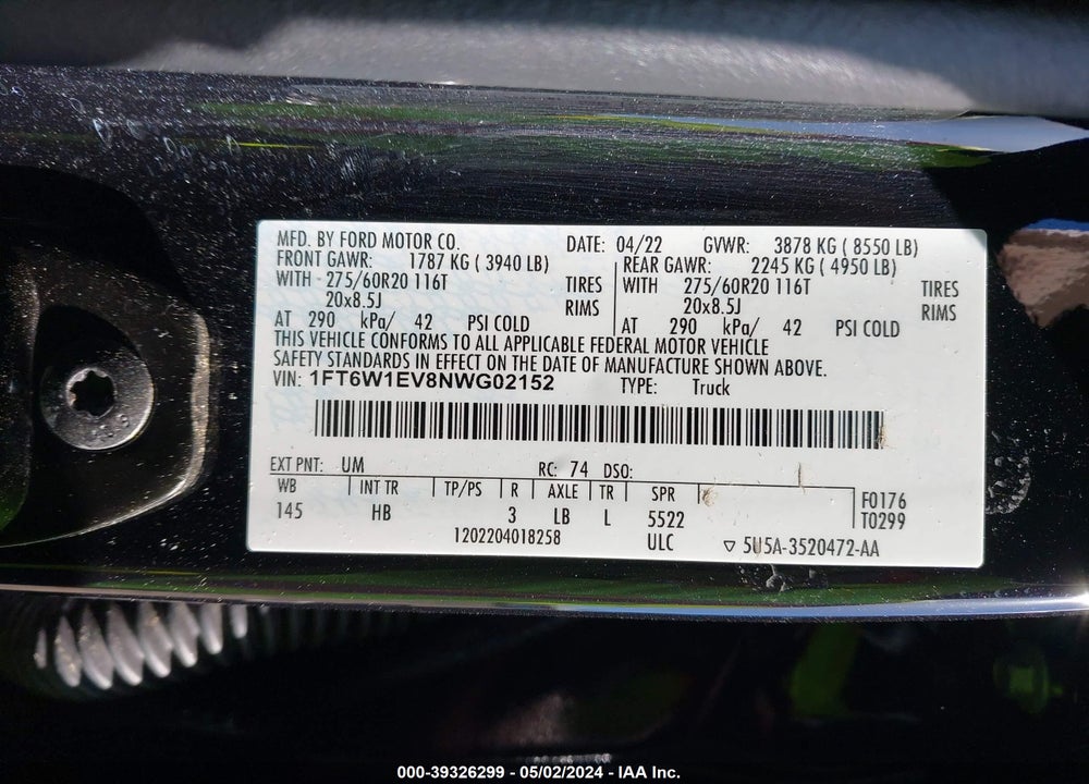 2022 FORD F-150 LIGHTNING LARIAT VIN: 1FT6W1EV8NWG02152