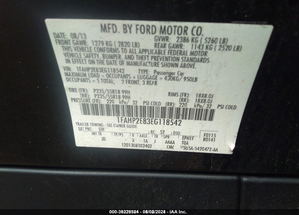 2014 FORD TAURUS SEL VIN: 1FAHP2E83EG118542