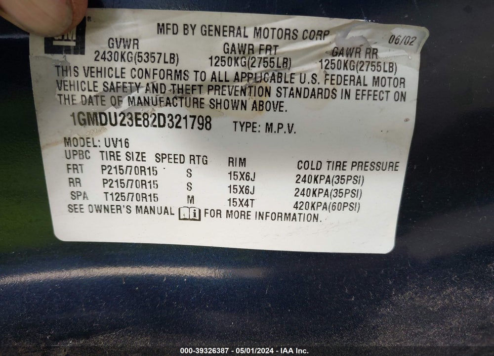 2002 PONTIAC MONTANA V16 VIN: 1GMDU23E82D321798