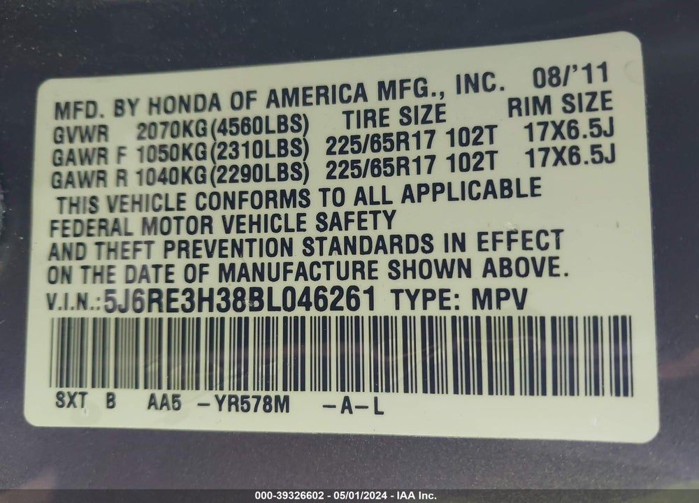 2011 HONDA CR-V LX VIN: 5J6RE3H38BL046261
