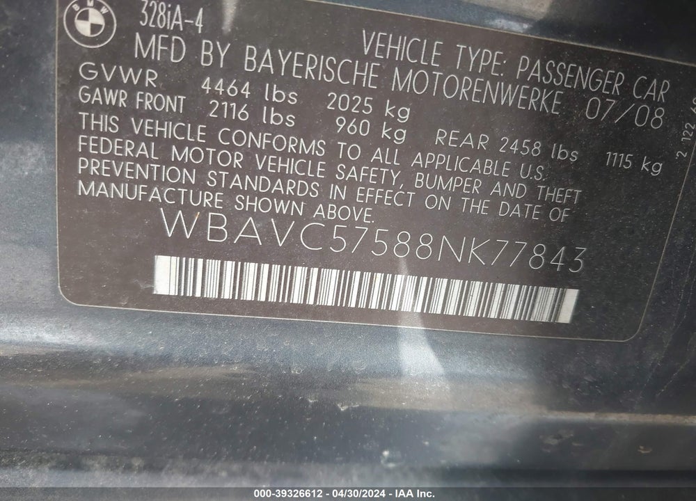 2008 BMW 328I VIN: WBAVC57588NK77843