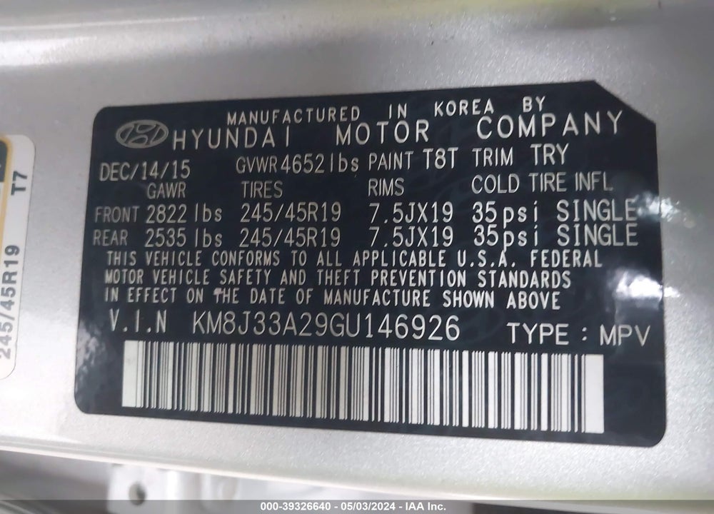 2016 HYUNDAI TUCSON LIMITED VIN: KM8J33A29GU146926