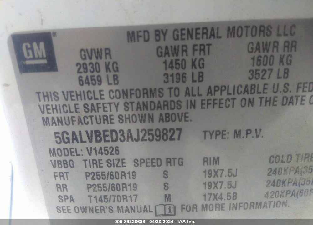 2010 BUICK ENCLAVE 1XL VIN: 5GALVBED3AJ259827