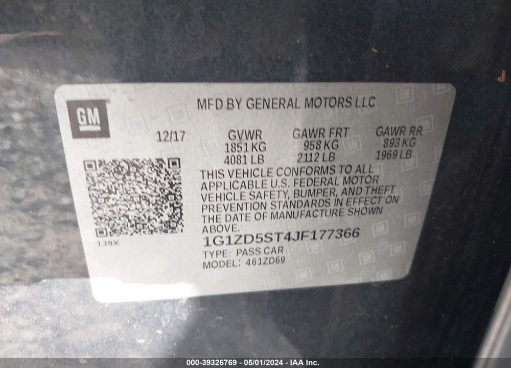 2018 CHEVROLET MALIBU LT VIN: 1G1ZD5ST4JF177366