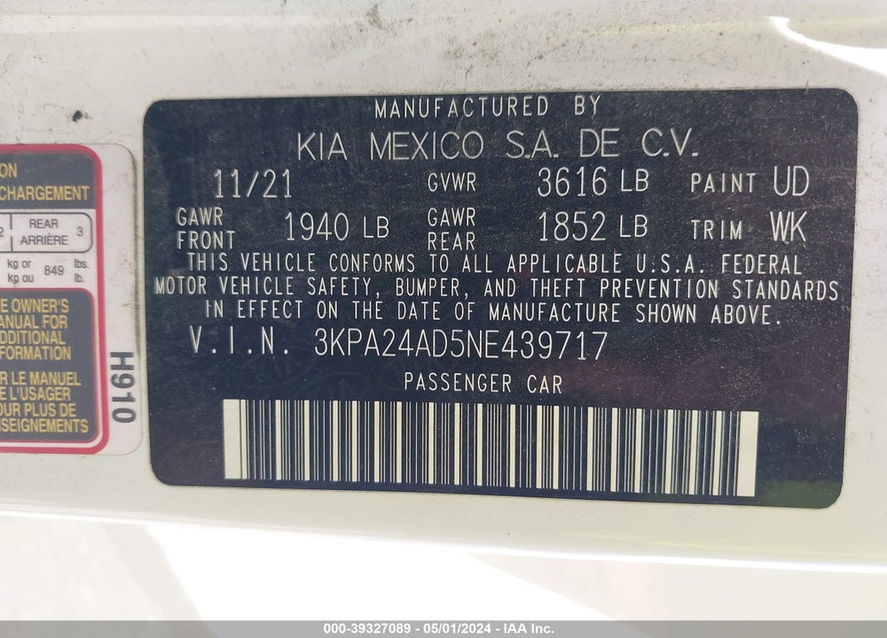 2022 KIA RIO LX VIN: 3KPA24AD5NE439717