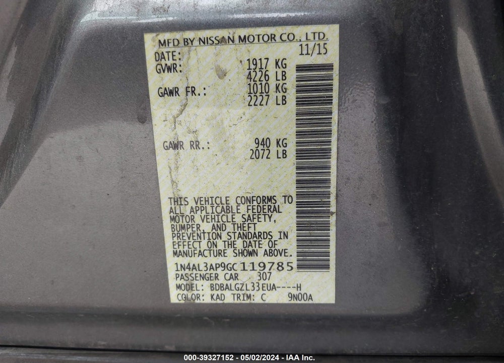 2016 NISSAN ALTIMA 2.5 S VIN: 1N4AL3AP9GC119785