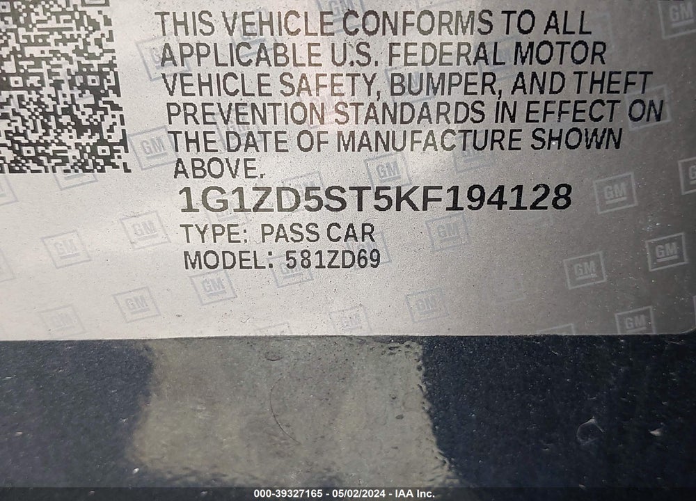 2019 CHEVROLET MALIBU LT VIN: 1G1ZD5ST5KF194128