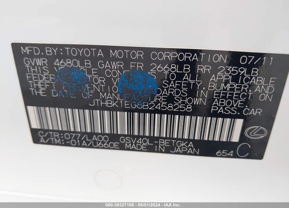 2011 LEXUS ES 350 VIN: JTHBK1EG8B2458258