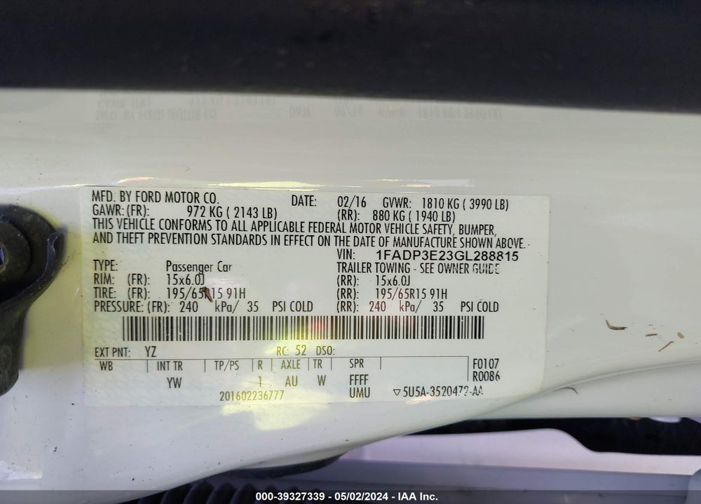 2016 FORD FOCUS S VIN: 1FADP3E23GL288815