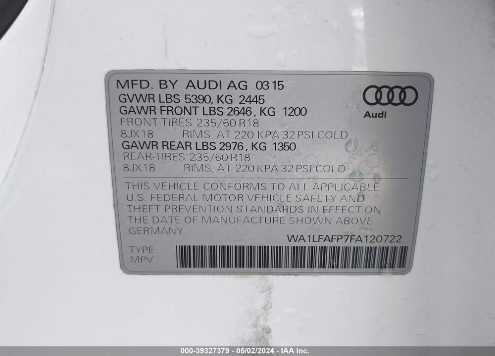2015 AUDI Q5 2.0T PREMIUM VIN: WA1LFAFP7FA120722