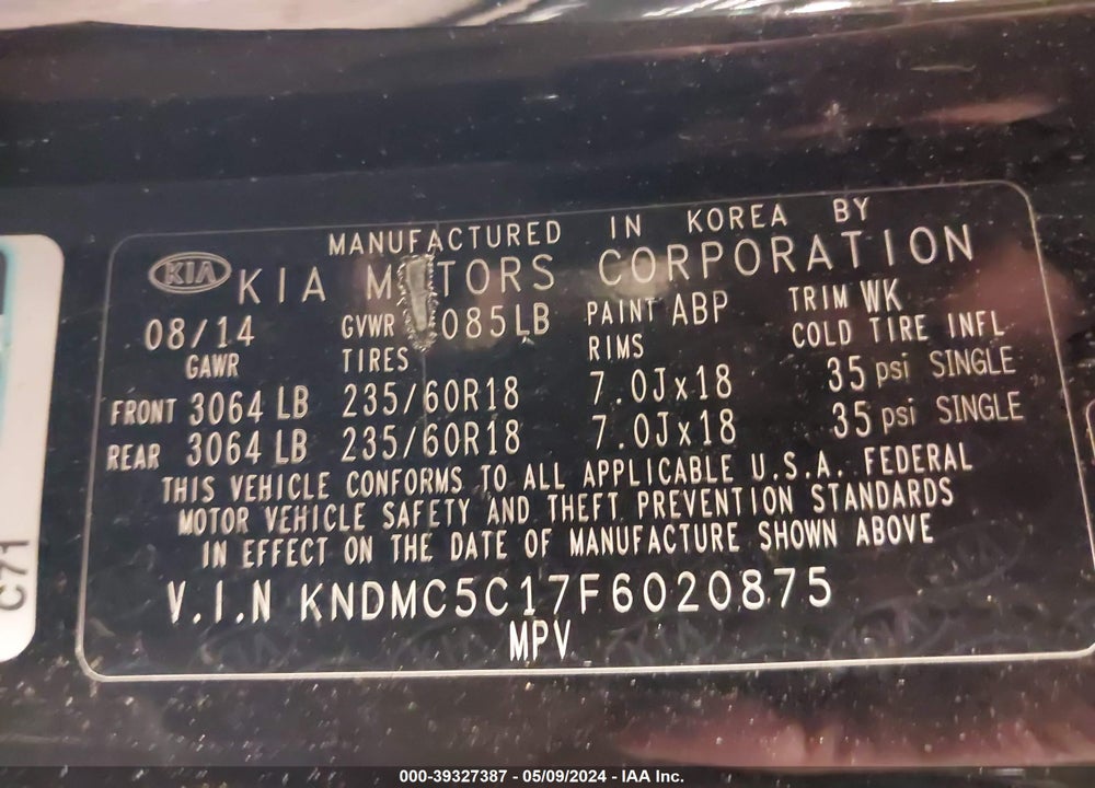 2015 KIA SEDONA VIN: KNDMC5C17F6020875