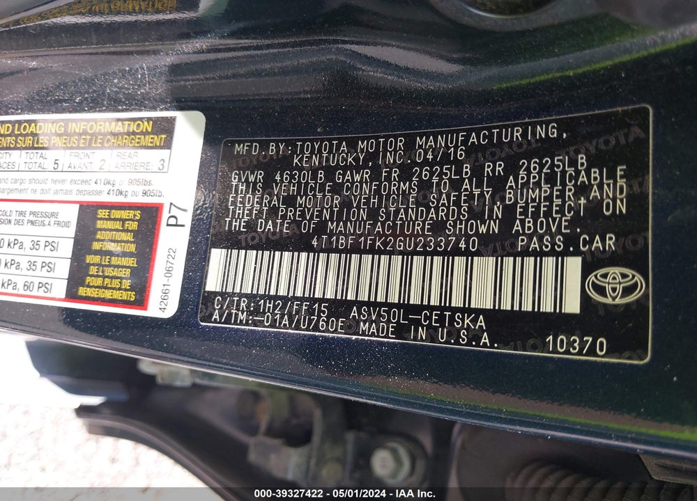 2016 TOYOTA CAMRY SE VIN: 4T1BF1FK2GU233740