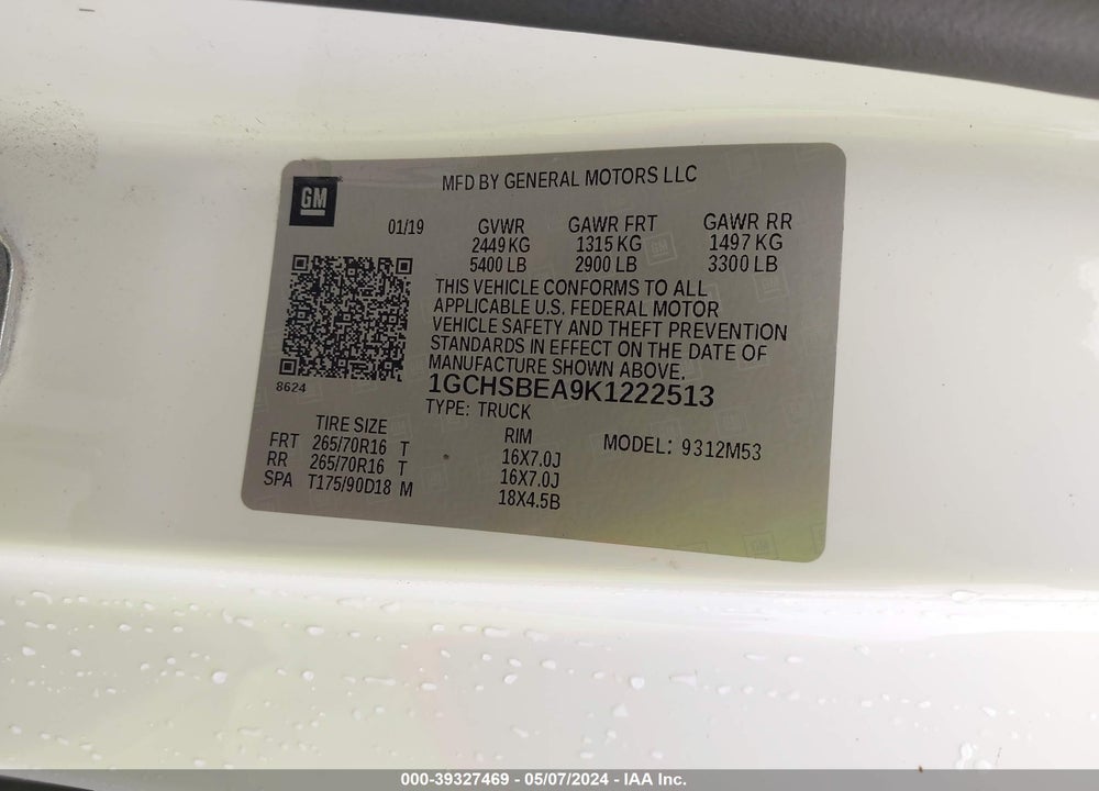 2019 CHEVROLET COLORADO WT VIN: 1GCHSBEA9K1222513