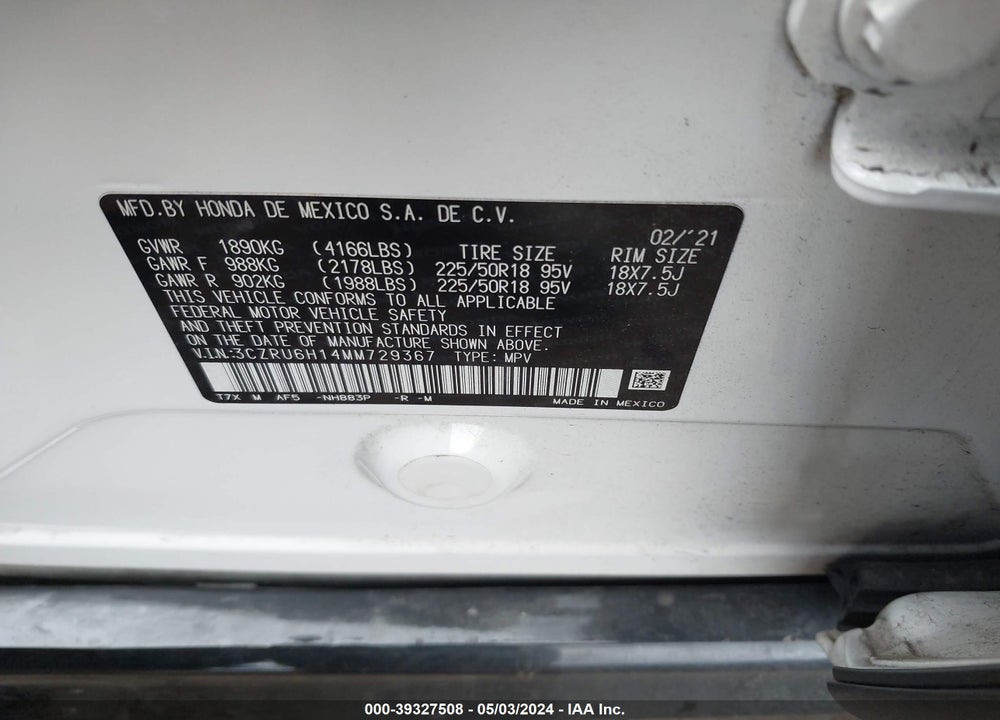 2021 HONDA HR-V AWD SPORT VIN: 3CZRU6H14MM729367