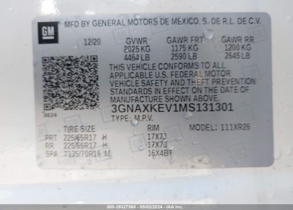 2021 CHEVROLET EQUINOX FWD LT VIN: 3GNAXKEV1MS131301