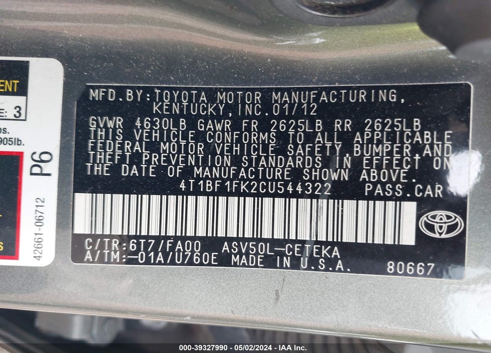 2012 TOYOTA CAMRY L VIN: 4T1BF1FK2CU544322