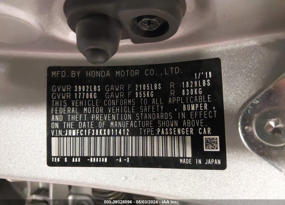 2019 HONDA CIVIC EX VIN: JHMFC1F38KX011412