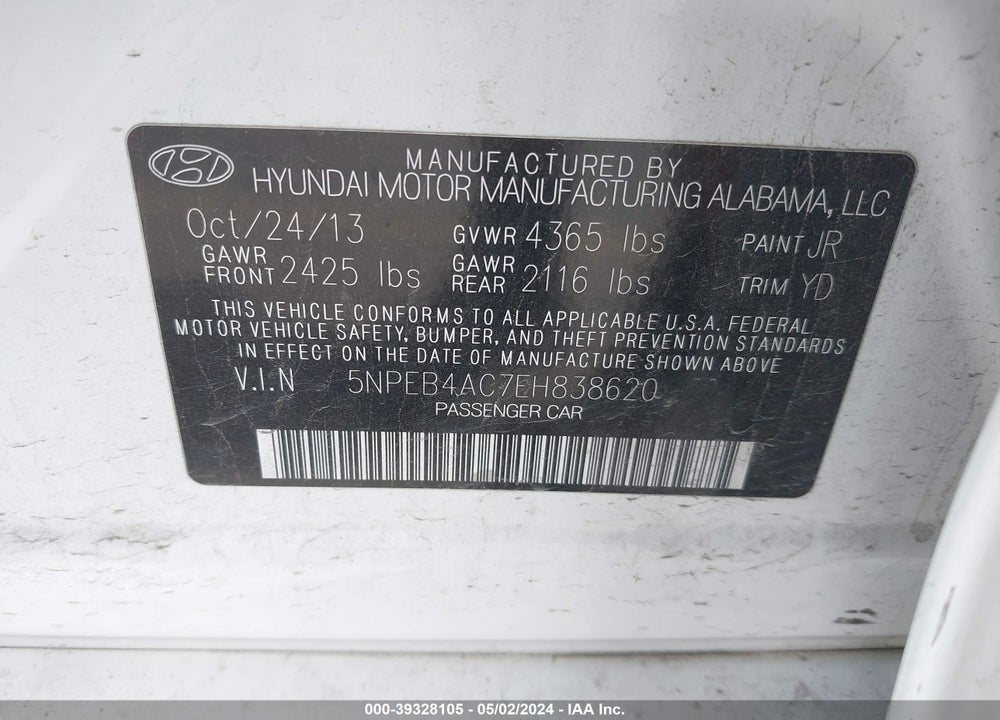 2014 HYUNDAI SONATA GLS VIN: 5NPEB4AC7EH838620
