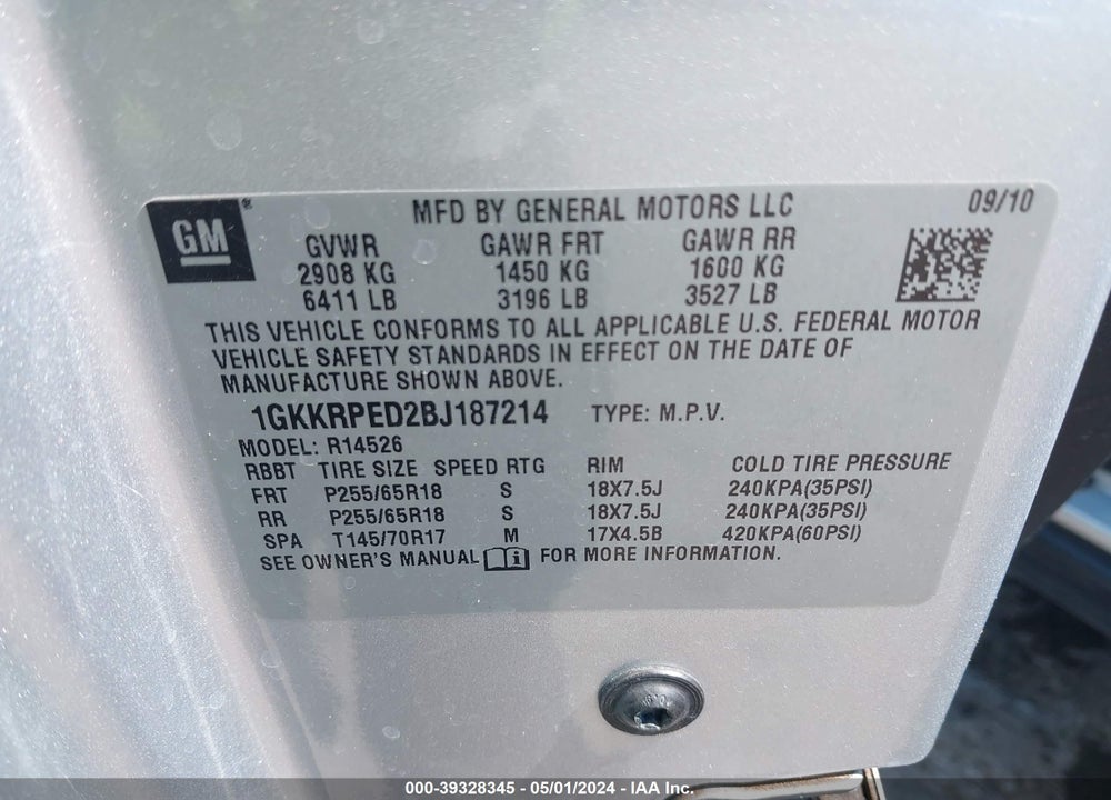 2011 GMC ACADIA SLE VIN: 1GKKRPED2BJ187214