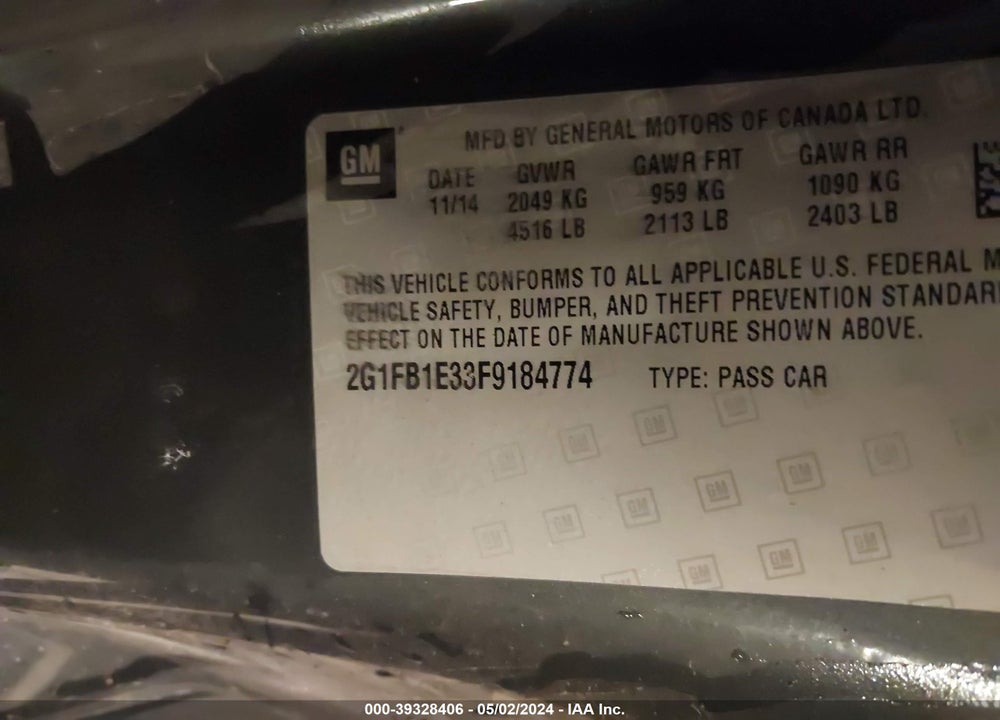 2015 CHEVROLET CAMARO 2LS VIN: 2G1FB1E33F9184774