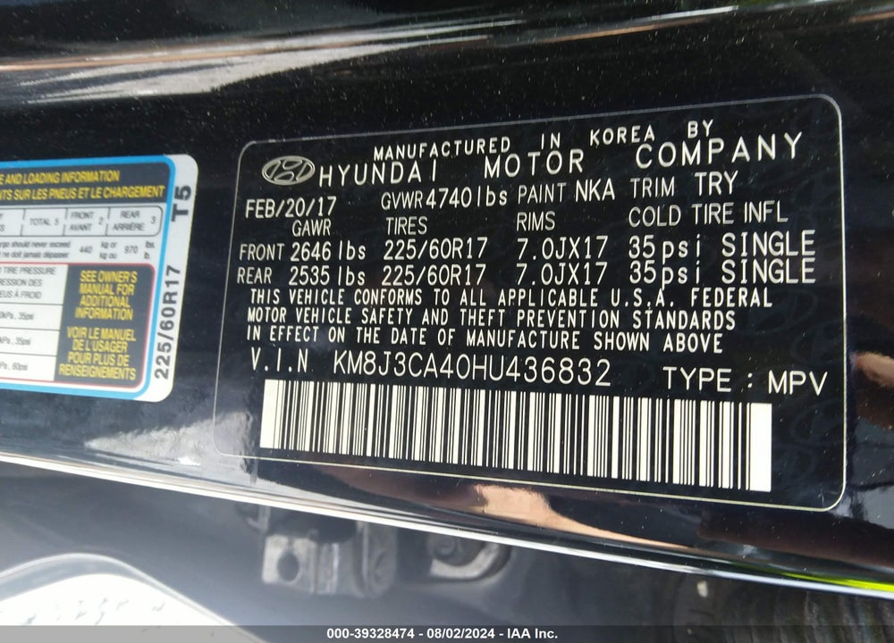2017 HYUNDAI TUCSON SE VIN: KM8J3CA40HU436832