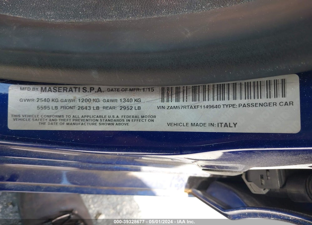 2015 MASERATI GHIBLI S Q4 VIN: ZAM57RTAXF1149640