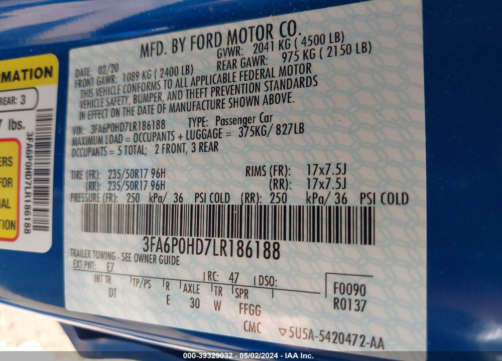 2020 FORD FUSION SE VIN: 3FA6P0HD7LR186188