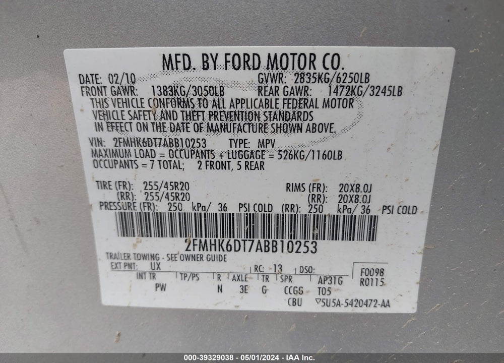 2010 FORD FLEX LIMITED VIN: 2FMHK6DT7ABB10253