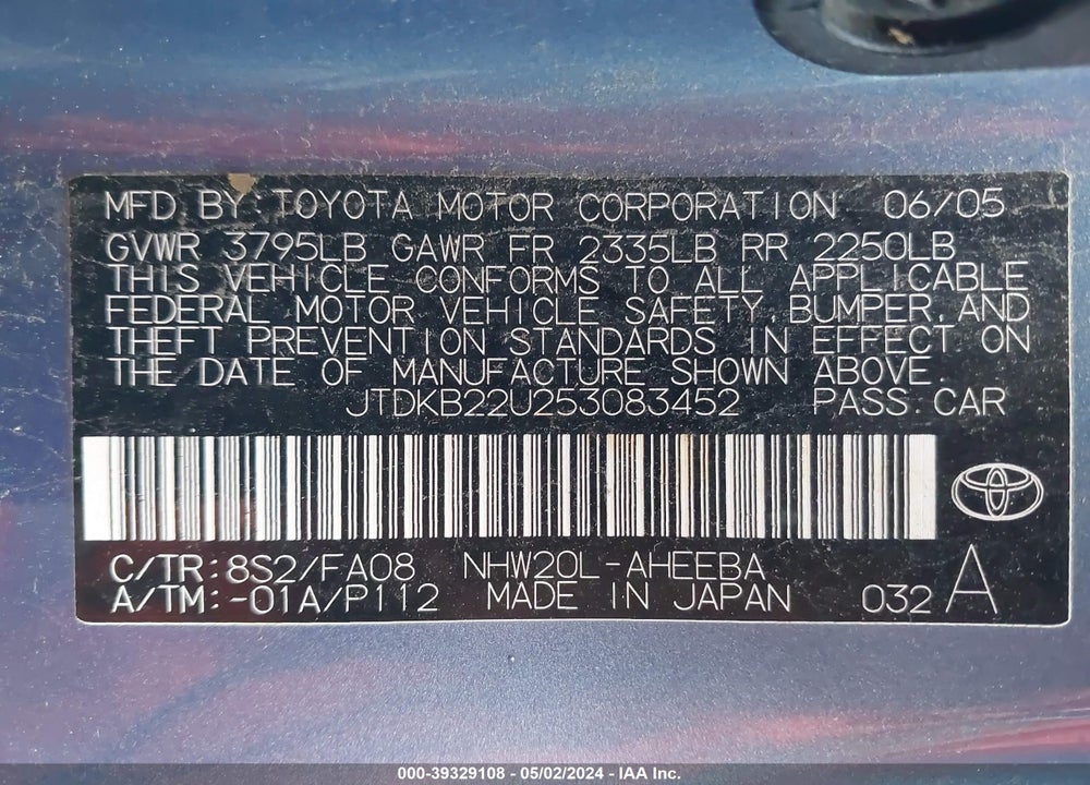 2005 TOYOTA PRIUS VIN: JTDKB22U253083452