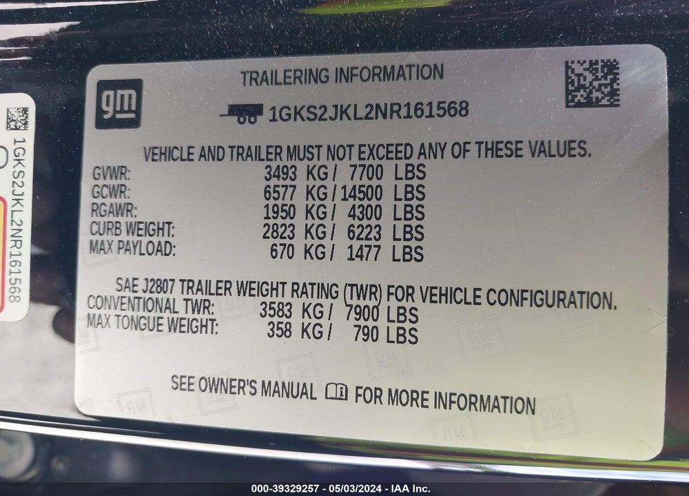 2022 GMC YUKON XL 4WD DENALI VIN: 1GKS2JKL2NR161568