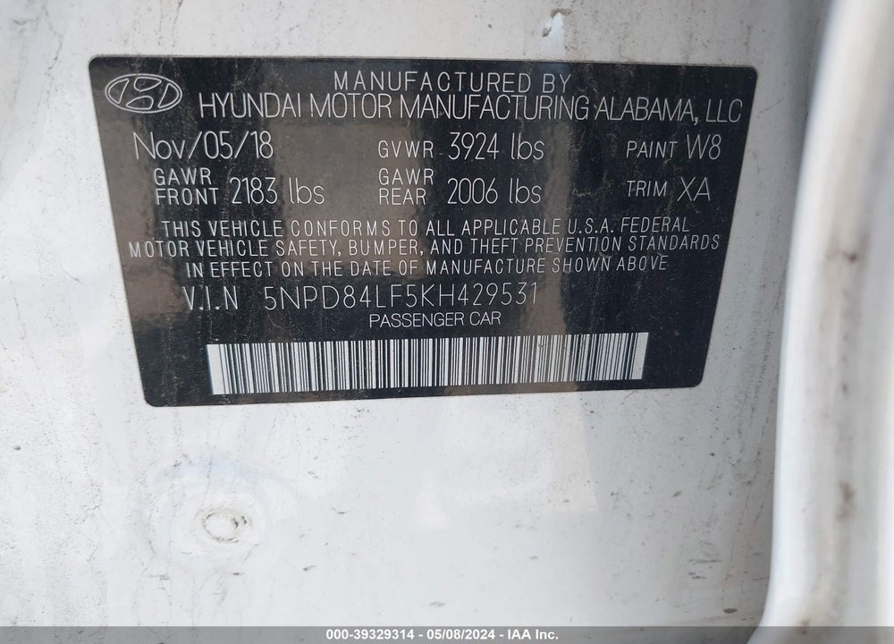 2019 HYUNDAI ELANTRA VIN: 5NPD84LF5KH429531