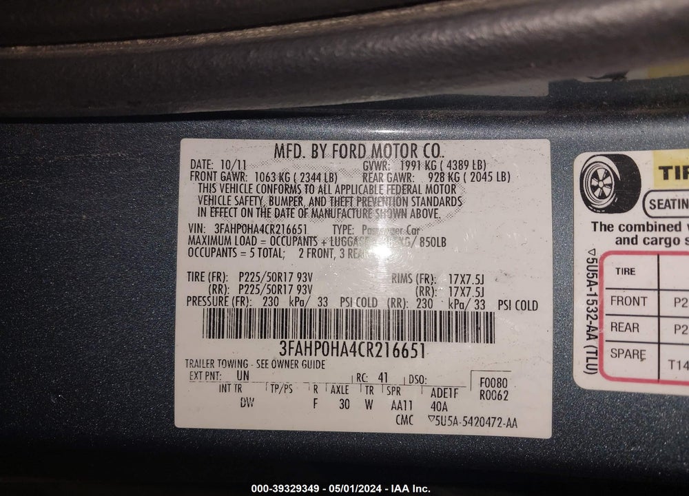 2012 FORD FUSION SE VIN: 3FAHP0HA4CR216651