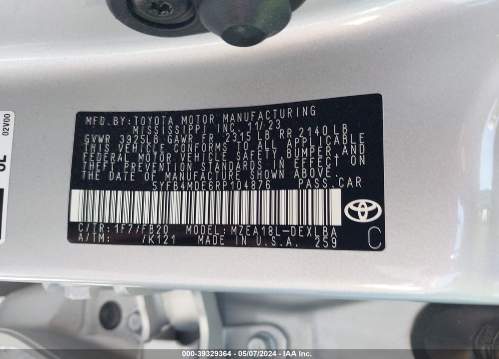 2024 TOYOTA COROLLA LE VIN: 5YFB4MDE6RP104876