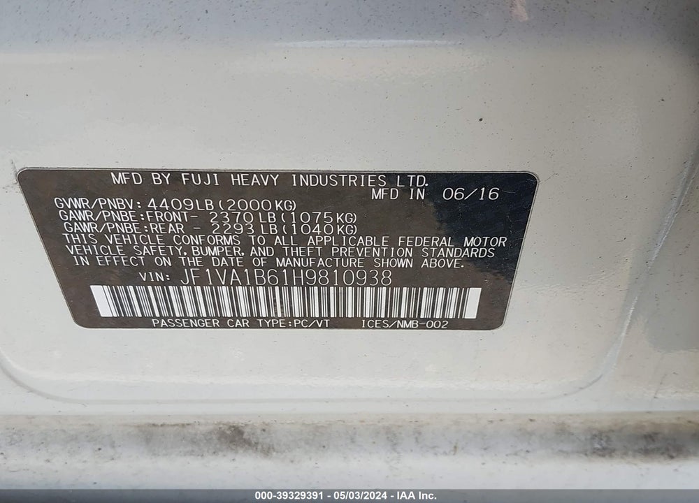 2017 SUBARU WRX VIN: JF1VA1B61H9810938
